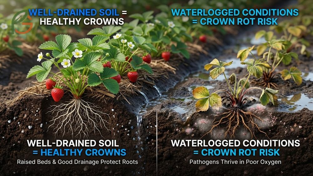 Healthy strawberry plants growing in raised beds to prevent crown rot and improve drainage.