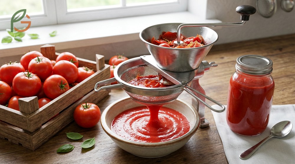 Tomato passata bottle showing uncooked strained tomatoes for fresh tasting Italian pasta sauces.
