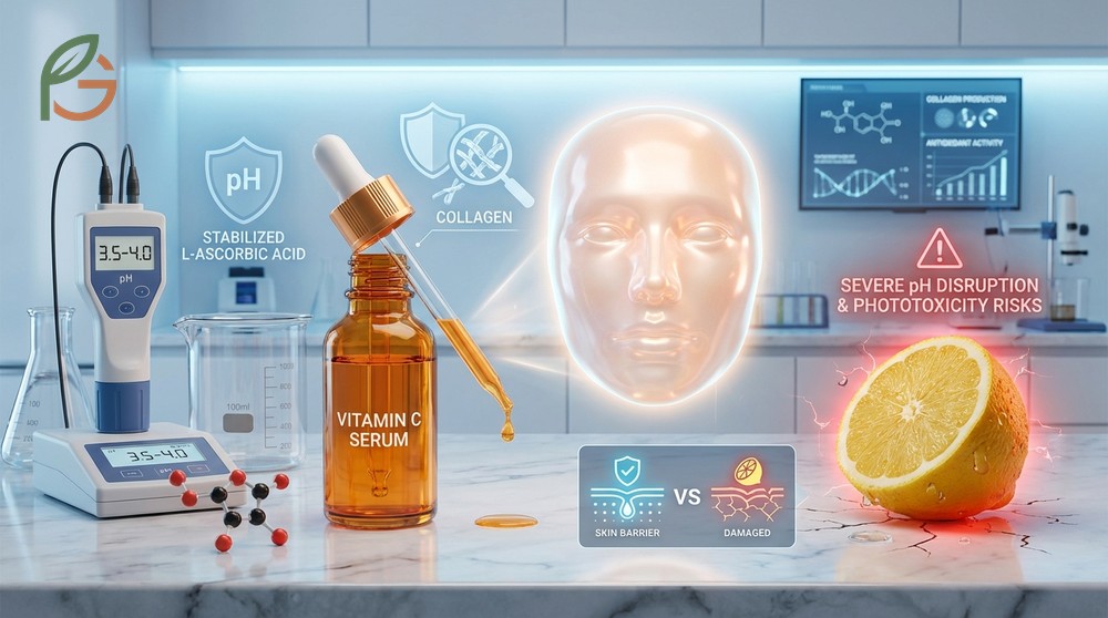 Vitamin C serum benefits offer collagen stimulation at a safe pH of 3.5 unlike the harsh acidity of raw lemon juice.