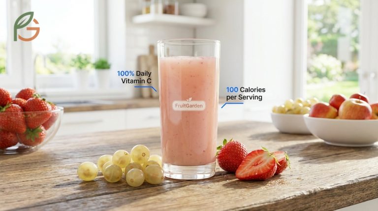 A glass of white strawberry cranberry juice displayed with fresh fruits illustrating vitamin C content.