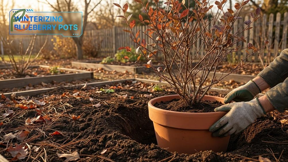 Winterizing blueberry pots by burying them or wrapping in insulation protects roots from freezing temperatures.