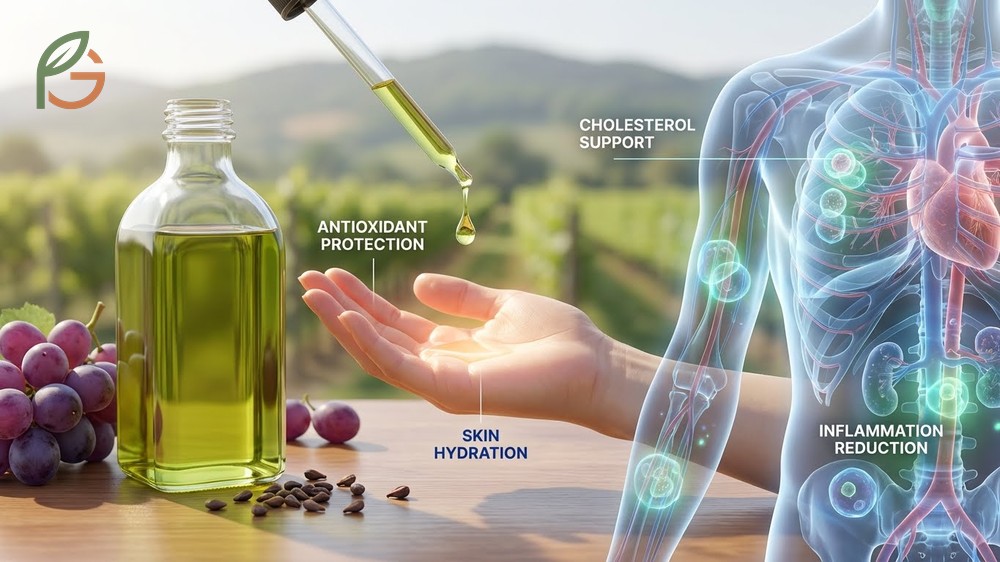Benefits of grape seed oil displayed with heart health symbols to show antioxidant properties and cholesterol support.