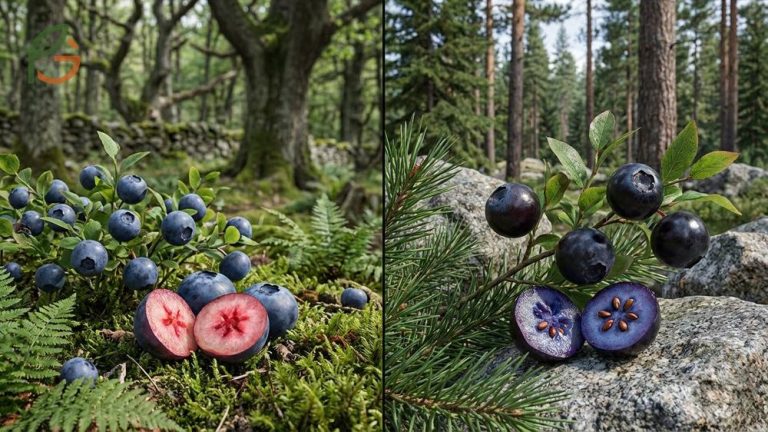 Close-up comparison of bilberries and huckleberries showing size, color, and botanical differences—dark indigo bilberries with deep purple flesh beside brighter red-purple huckleberries with tiny seeds.