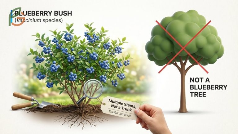 Blueberry tree or bush identification guide explaining the multi-stemmed shrub growth habit versus single trunks.