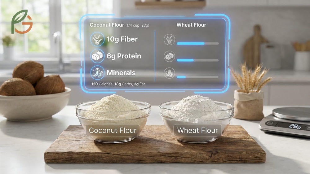 Coconut flour benefits displaying nutritional profile with 43g fiber per 100g serving compared to conventional wheat flour.