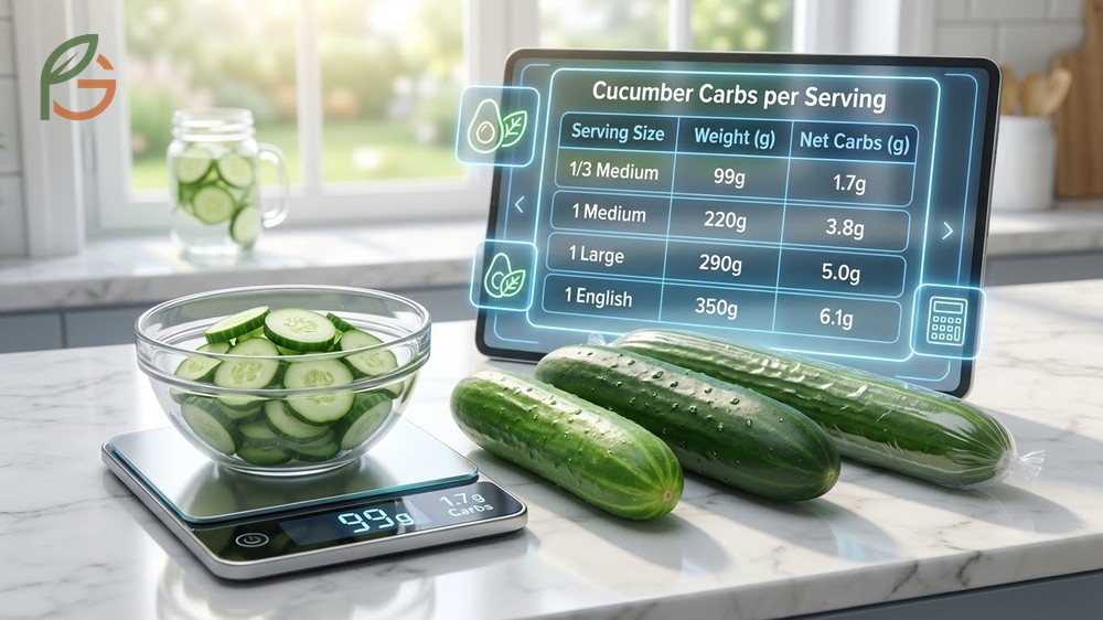 Cucumber carbs per serving sizes ranging from 3g to 7g net carbs depending on portion weight.