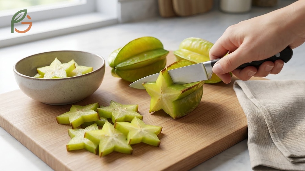 Cutting starfruit technique for achieving uniform thickness and removing bitter edges effectively.
