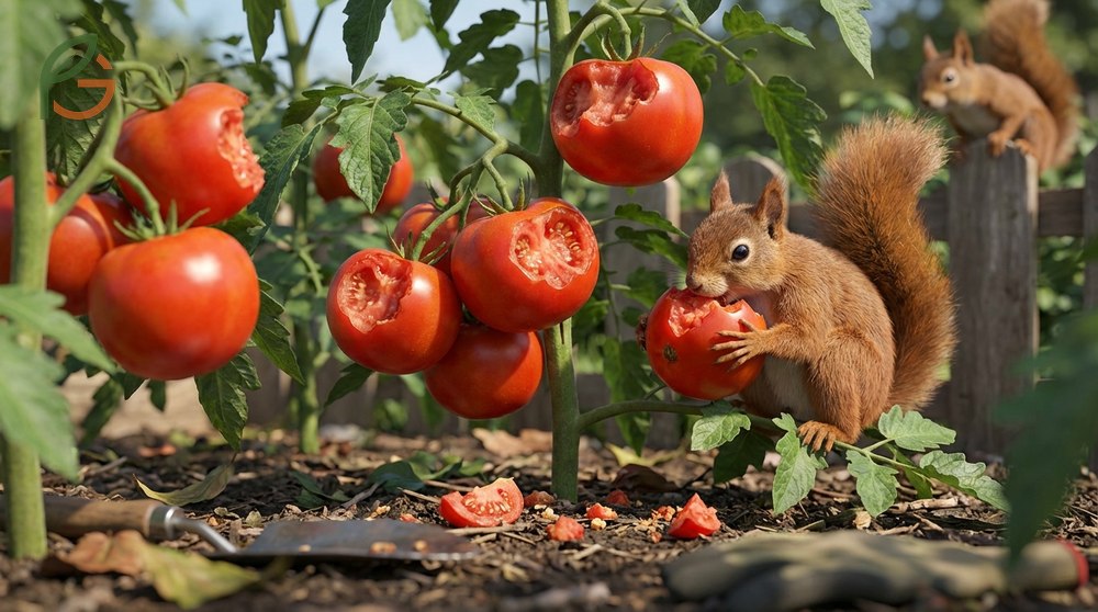 Do squirrels eat tomato plants behavior showing distinctive bite marks on fruit rather than foliage damage.