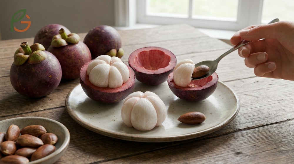 Eating mangosteen seeds is not recommended due to bitterness so spit them out before swallowing flesh.