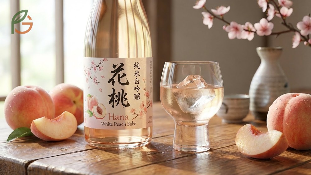 Hana white peach sake bottle served chilled as a sweet aperitif with dessert pairing suggestions.