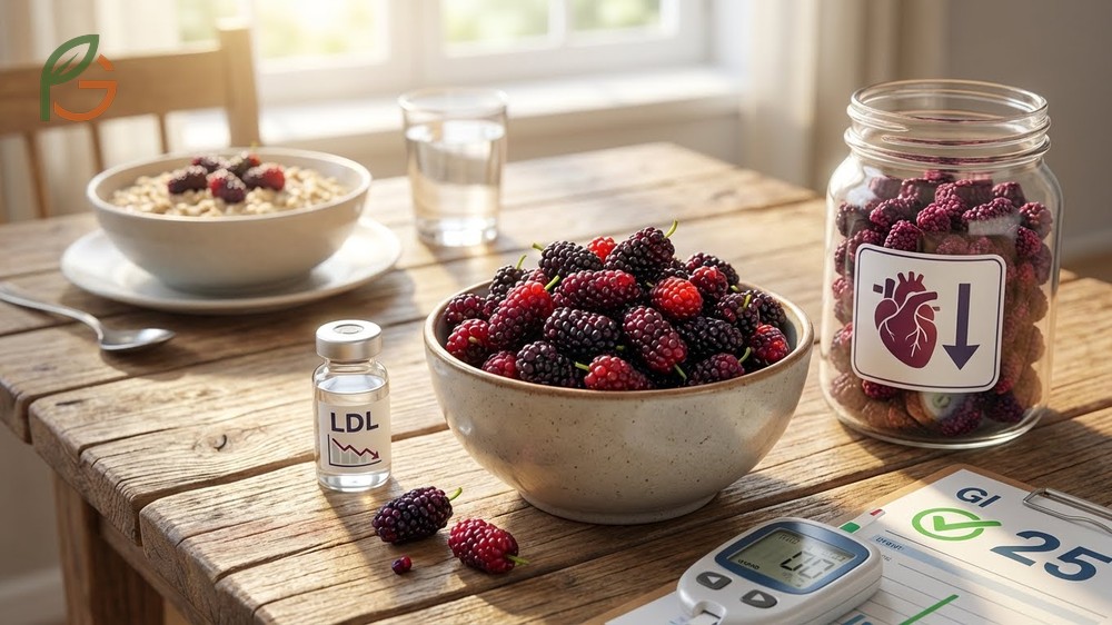 Health benefits of mulberries include lowering total cholesterol and LDL levels significantly with just 45g of freeze dried fruit consumption daily.