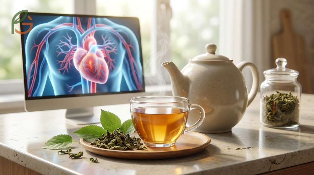 Health benefits of mulberry tea include improved insulin sensitivity and reduced LDL cholesterol oxidation for heart health.