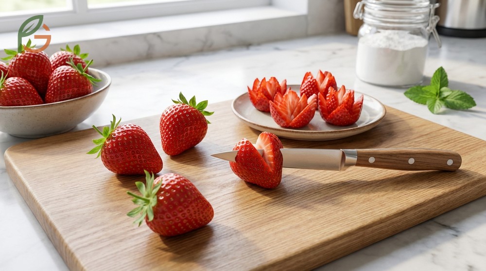 How to cut a strawberry using the correct paring knife and cutting board for clean slices.