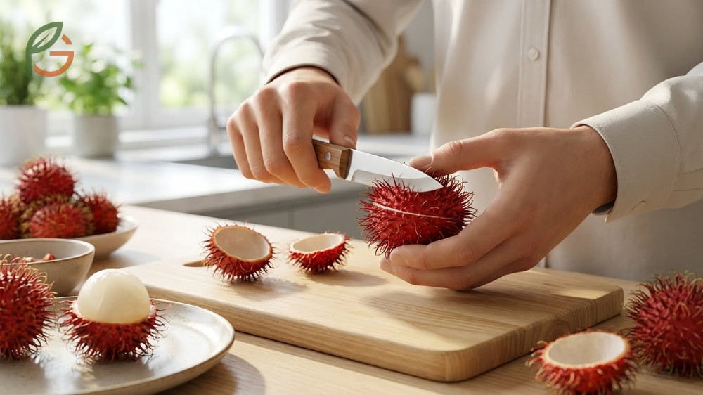 How to eat rambutan using a sharp knife to score the 2-3mm deep shell for easy peeling.
