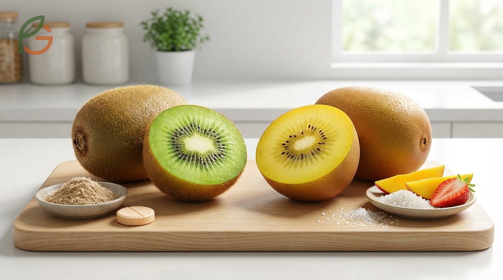 Taste and nutrition differences between gold and green kiwis including sugar content and vitamin C levels.