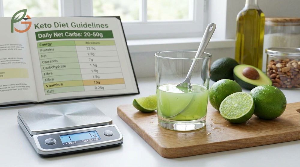 Lime juice keto compatibility showing 0.9g net carbs per tablespoon fitting into a 20g daily limit.