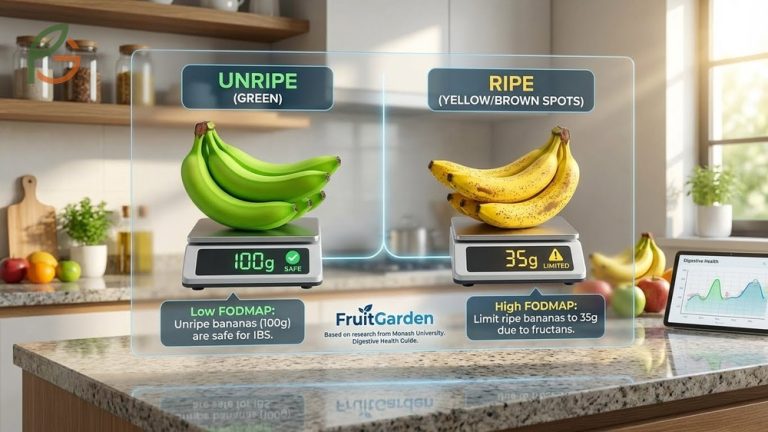 Low fodmap banana guide comparing green unripe fruit versus ripe spotted bananas for digestive health.