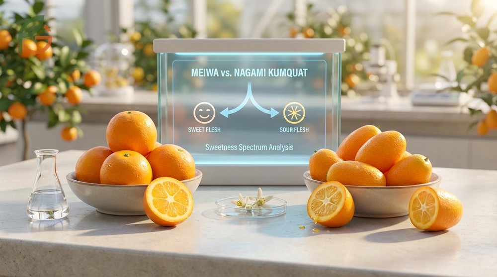 Meiwa vs nagami kumquat visual guide distinguishing round sweet fruits from elongated 1 to 2 inch tart oval fruits.