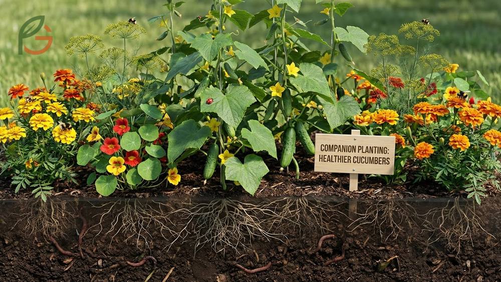 Companion plants for cucumbers include nitrogen fixing legumes planted 18 inches away to enrich soil nutrients.