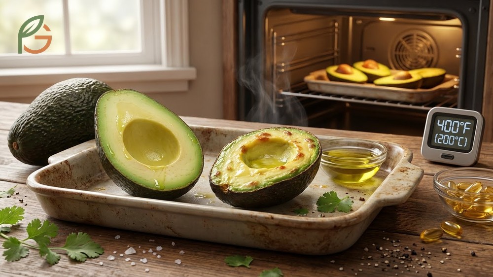 Oven baked avocado cooked at 400 degrees Fahrenheit until the egg white is opaque and firm.