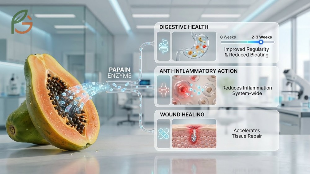 Papain enzyme action improving gut microbiota balance by promoting beneficial bacteria and reducing bloating.