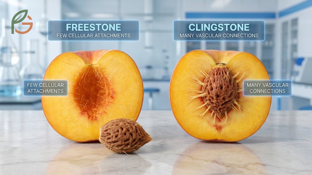 Peach pit separation mechanics explaining how soluble pectin levels determine if the stone falls out easily.