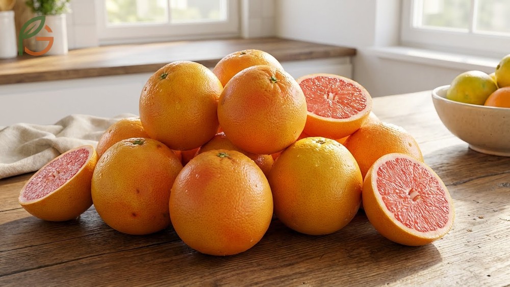 Peak grapefruit availability tips for selecting heavy fruits with slightly oval shapes and smooth yellow skin.