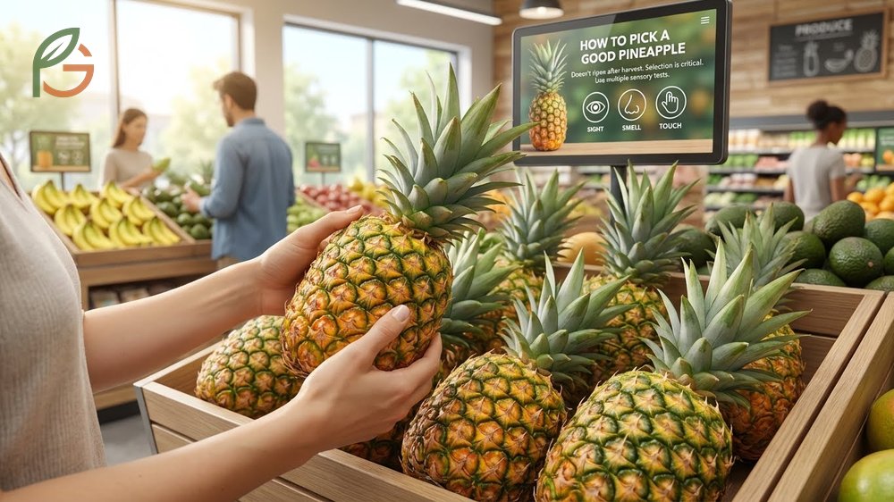 Selection involves using the sniff test at the base and a leaf pull test to ensure the pineapple is ready to eat.