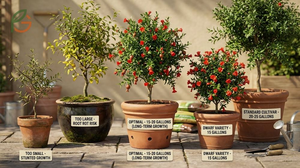 Pot size for pomegranate tree requires at least 10 gallons for establishment and 20 inches width for root growth.