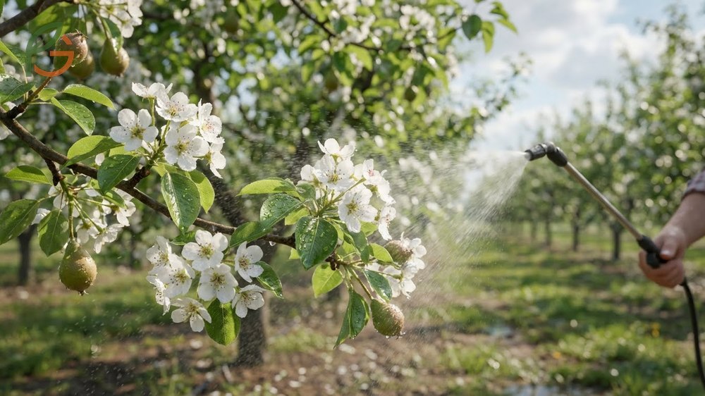 Preventative sprays for pear trees use copper fungicides and streptomycin during bloom to block bacterial colonization.