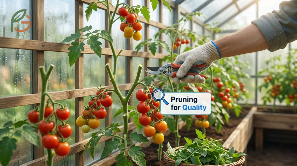 Pruning cherry tomatoes helps improve air circulation and results in wider fruit with thicker walls.