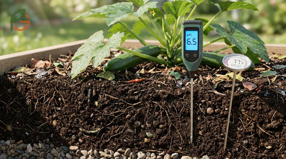 Soil requirements for zucchini including a pH between 6.0 and 6.8 and adding 4 to 6 inches of compost for fertility.