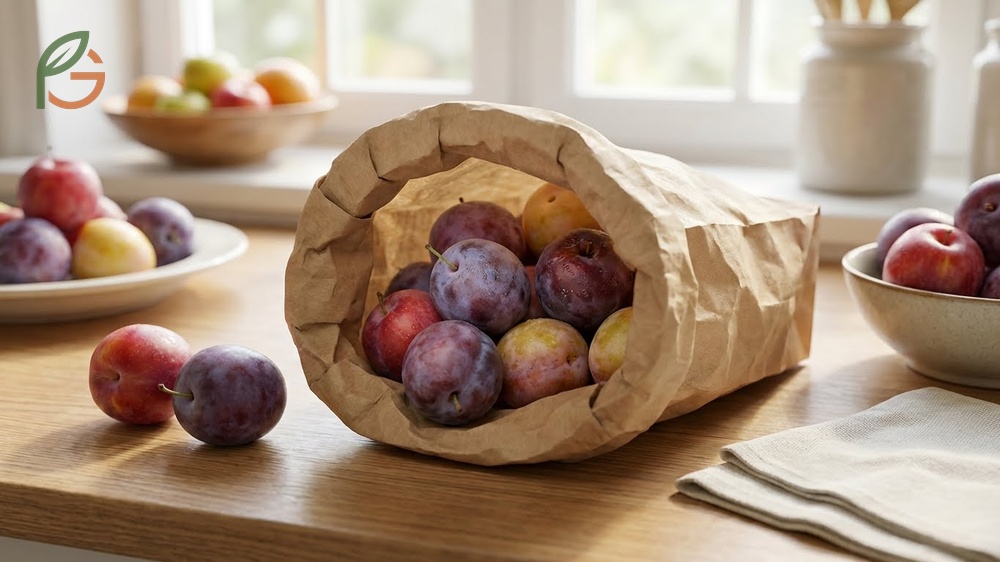 Storing plums fresh using a brown paper bag to trap ethylene gas for faster ripening results.