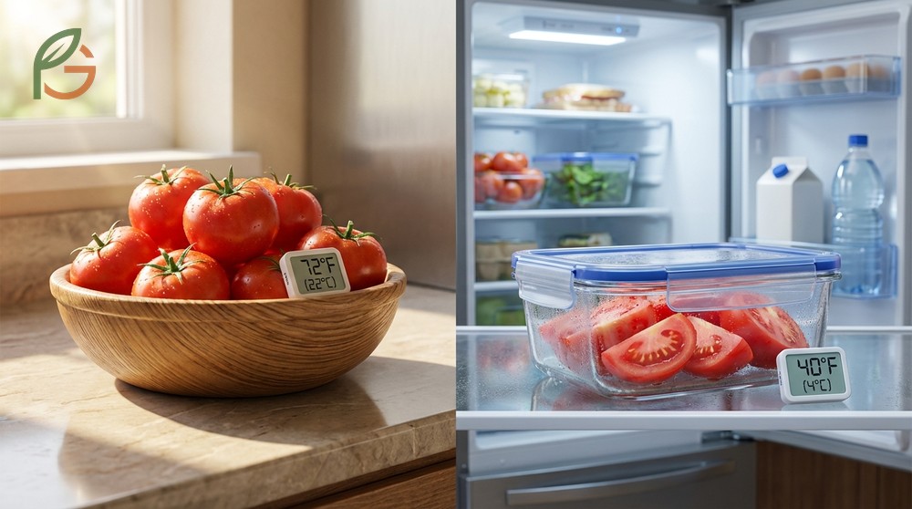 How to store tomatoes stem side down at room temperature to preserve freshness and prevent uneven ripening.