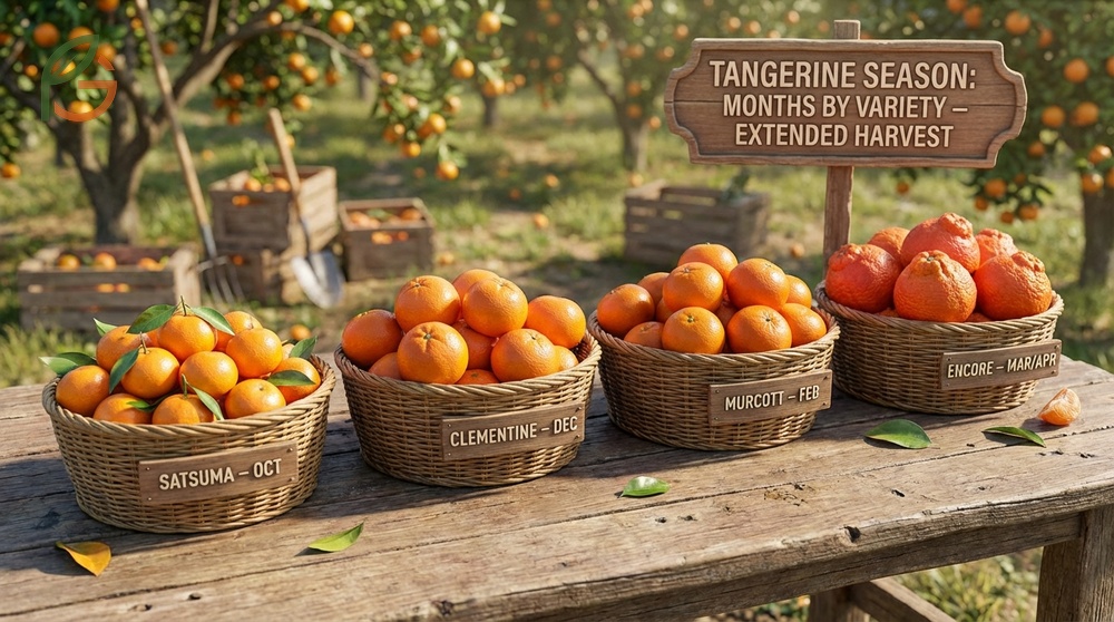 Tangerine season months by variety show Satsumas ripening in October while Encore types mature in March.