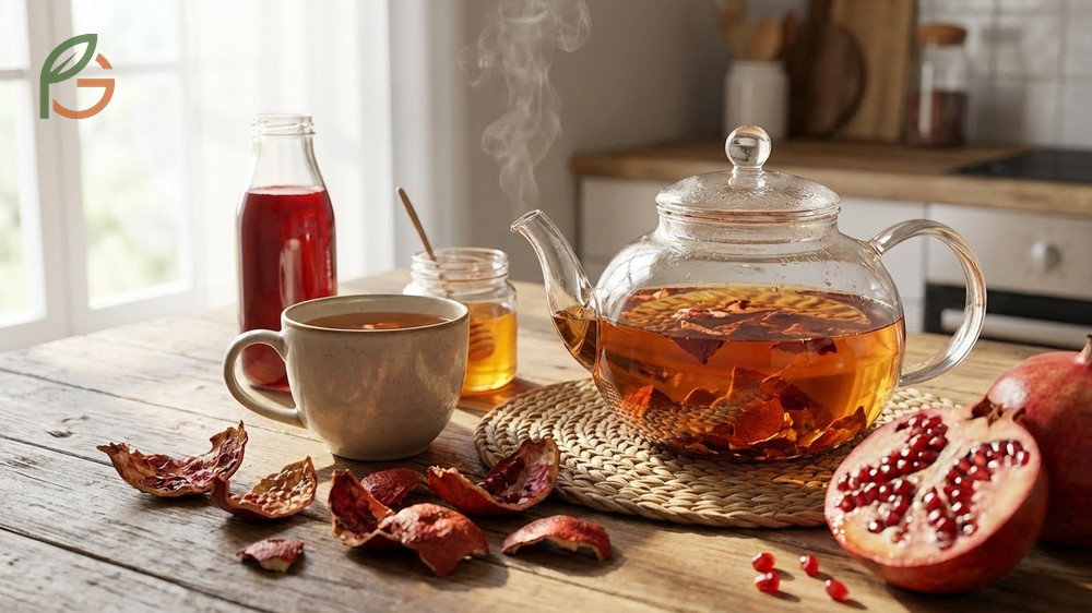 Tea from peels preparation method showing dried pomegranate skins steeped in boiling water for a healthy beverage.