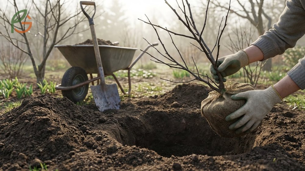 Gardener transplanting paw paw seedlings into a large hole while carefully preserving the long taproot.