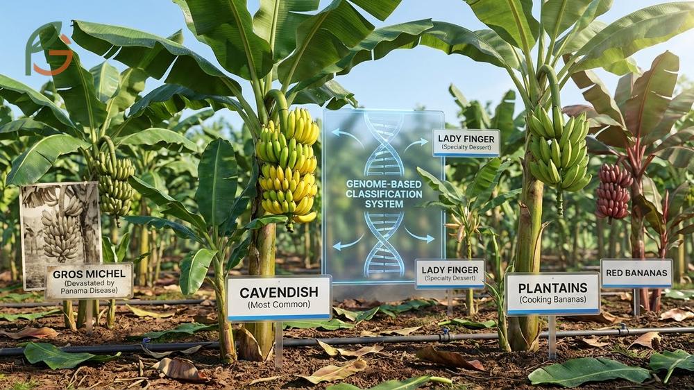 Types of banana plants covering Cavendish and plantains with distinct genomes like AAA and AAB hybrids.