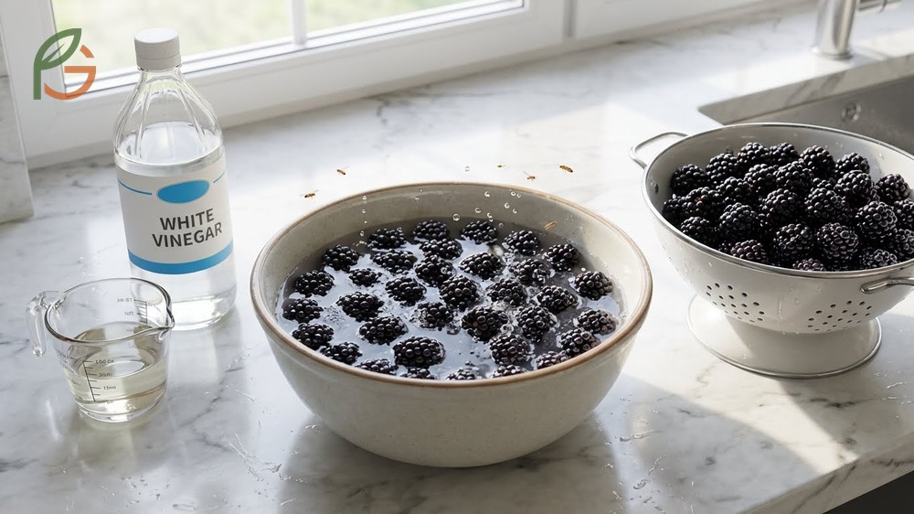 Wash blackberries with vinegar using a one to three ratio solution to kill bacteria and dislodge hidden larvae.