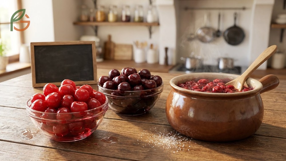 What are tart cherries including Amarelle and Morello types known for high acidity and use in pies and jams.