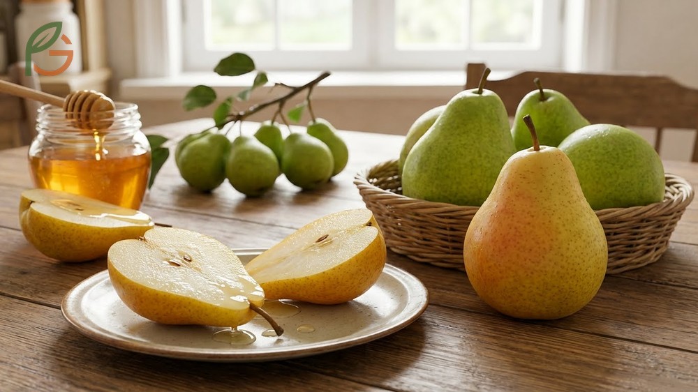 What do pears taste like described as delicate sweetness with floral aroma and smooth texture distinct from apples.
