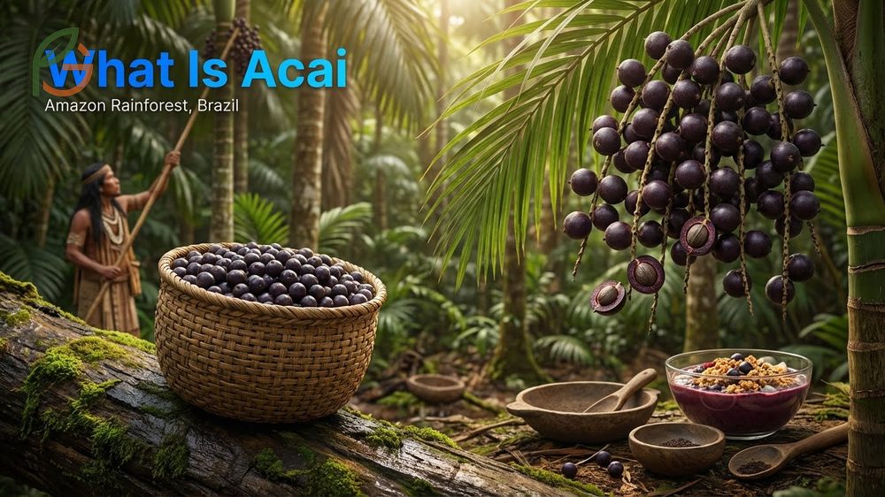 Acai berry fruit benefits context describing small purple berries harvested from palm trees in the Amazon rainforest.