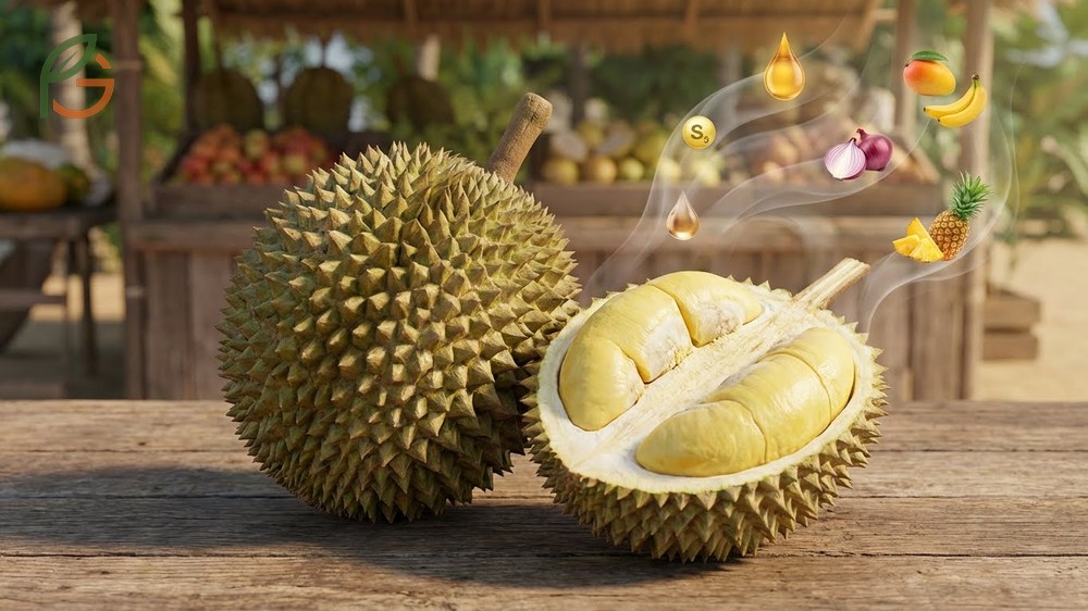 What is durian fruit characterized by its large football size and intensely pungent smell mixing sulfur honey and onions.