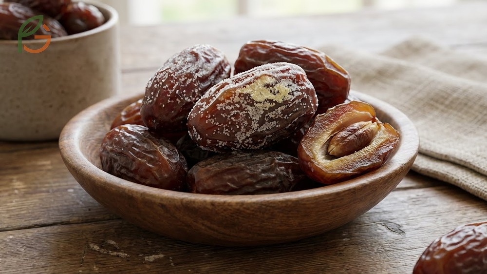 White stuff on dates caused by moisture loss and high sugar content of 70 to 75 percent by weight.