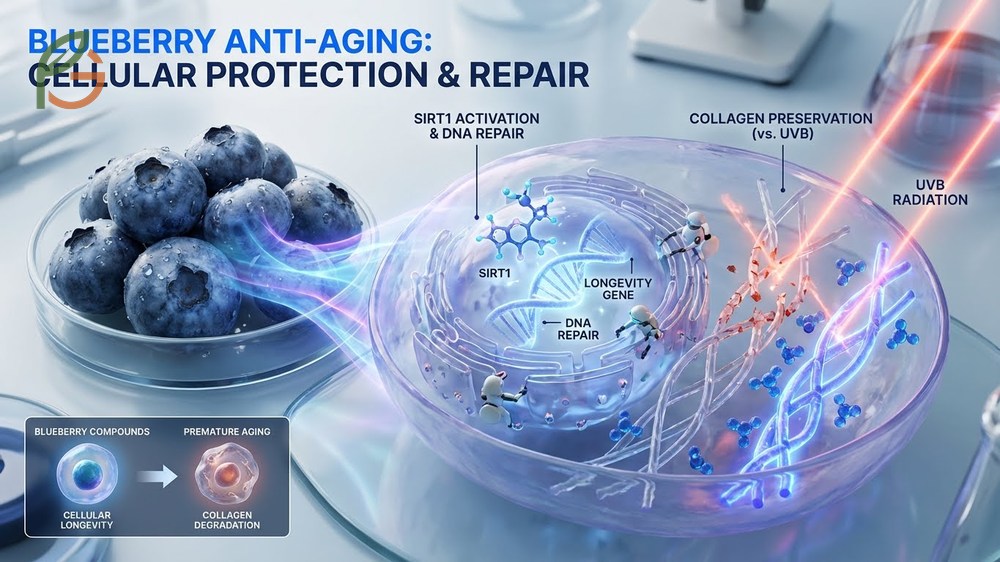Anti aging benefits of blueberries activate longevity genes to reduce collagen degradation and improve skin elasticity.