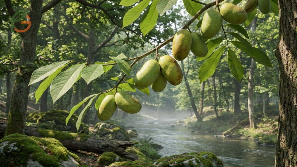 Asimina triloba paw paw native range map showing distribution from Ontario to Florida and west to Nebraska.