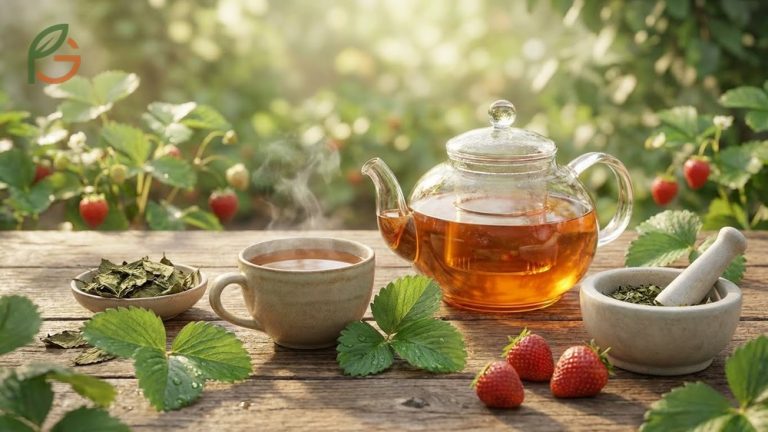 Fresh strawberry leaves harvested for making antioxidant-rich herbal tea and wellness remedies.