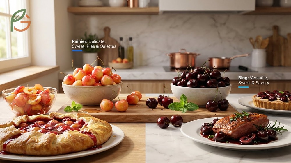 Best uses and cooking applications suggest Rainiers for fresh desserts and Bings for baked pies that require firm fruit.