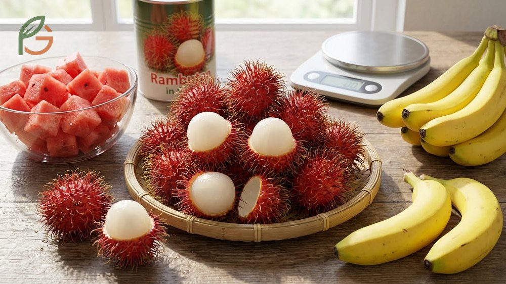 Calories in rambutan comparison revealing 68 calories in fresh fruit versus 82 calories in canned syrup varieties.