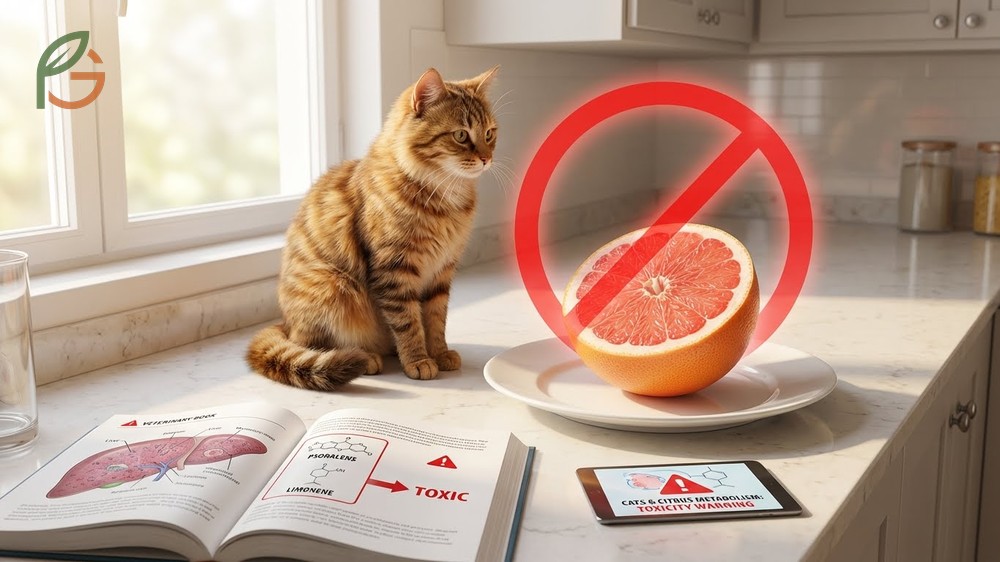 Can cats eat grapefruit infographic showing toxic compounds like limonene that cause liver enzyme interference.